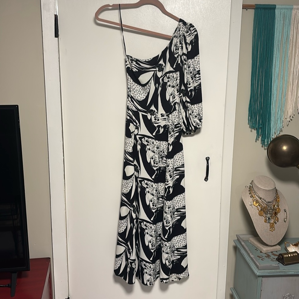 Reformation one shoulder black and white dress
